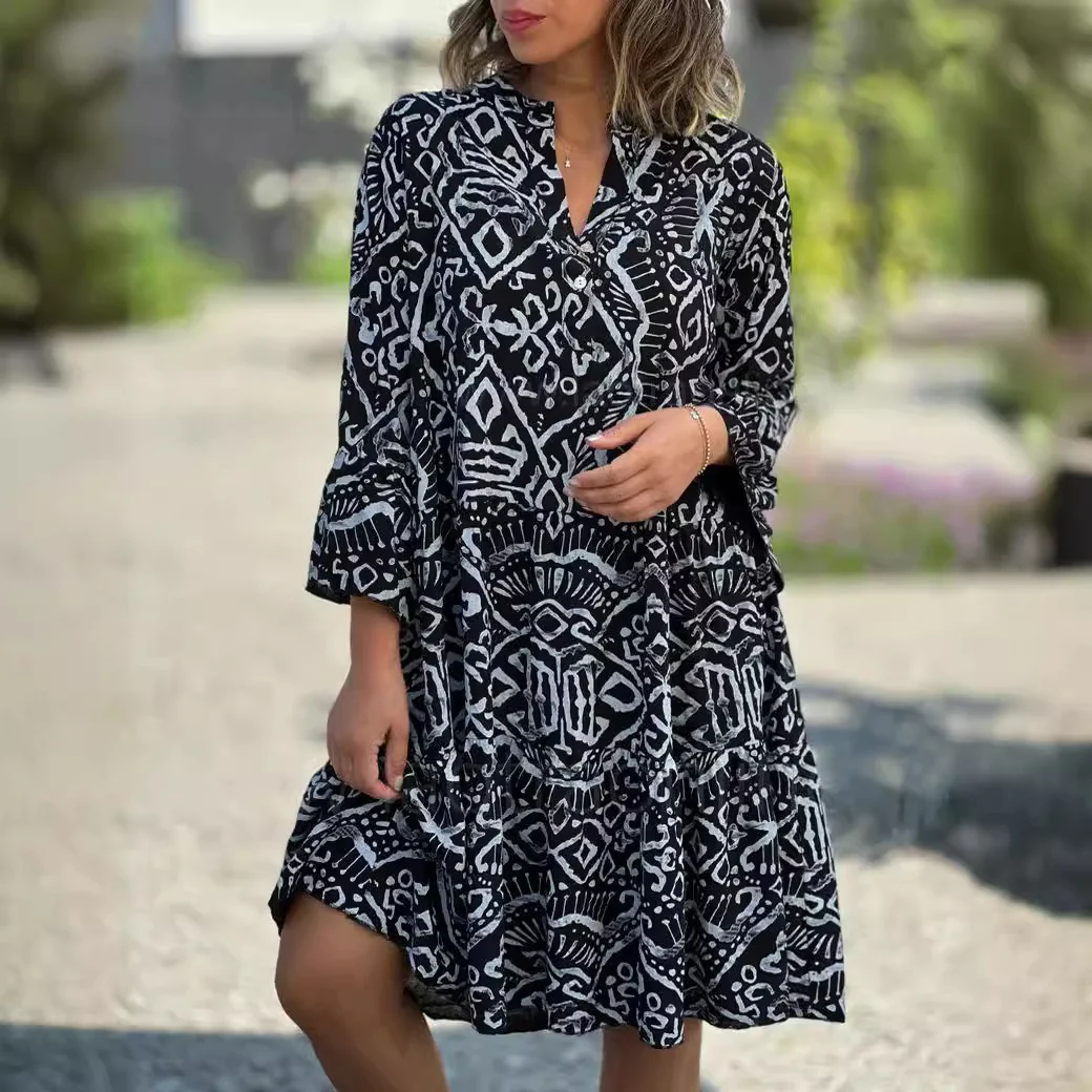 V-Neck Flared Sleeve Romantic Print Splicing Dress For Women