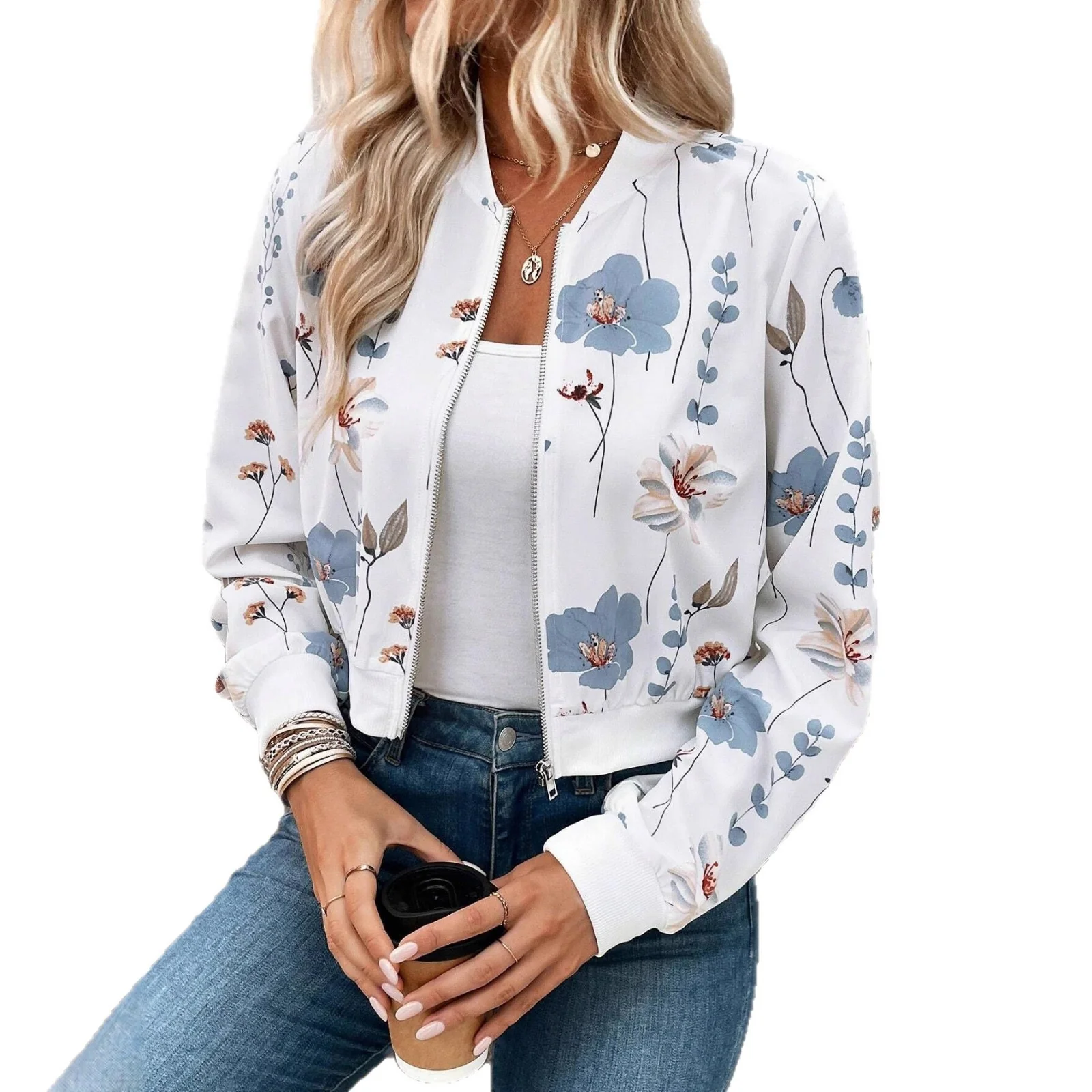 Women'S Zipper Flower Print Long-Sleeved Short Casual Clip