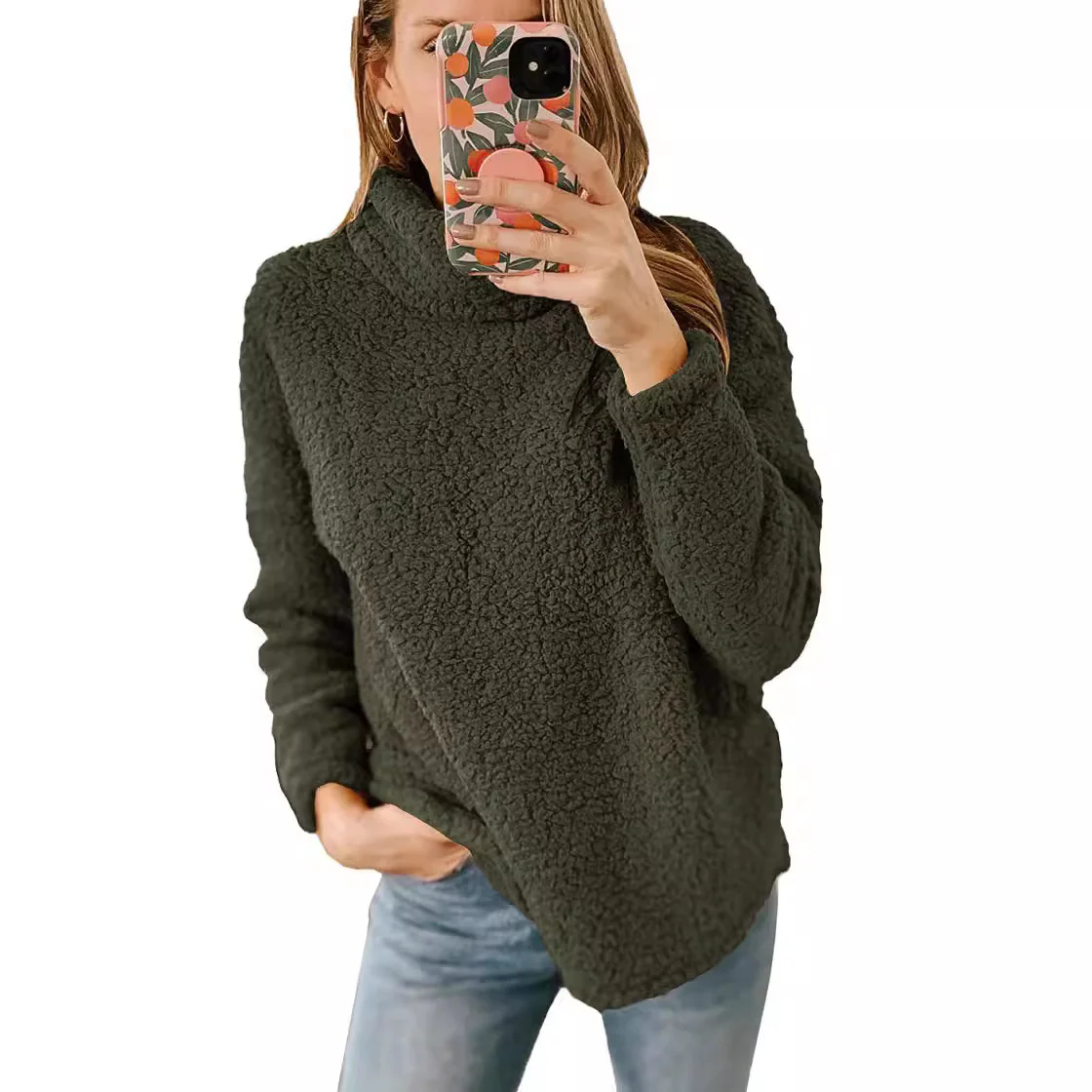 Fur Turtleneck Solid Color Sweatshirt Plush Top
