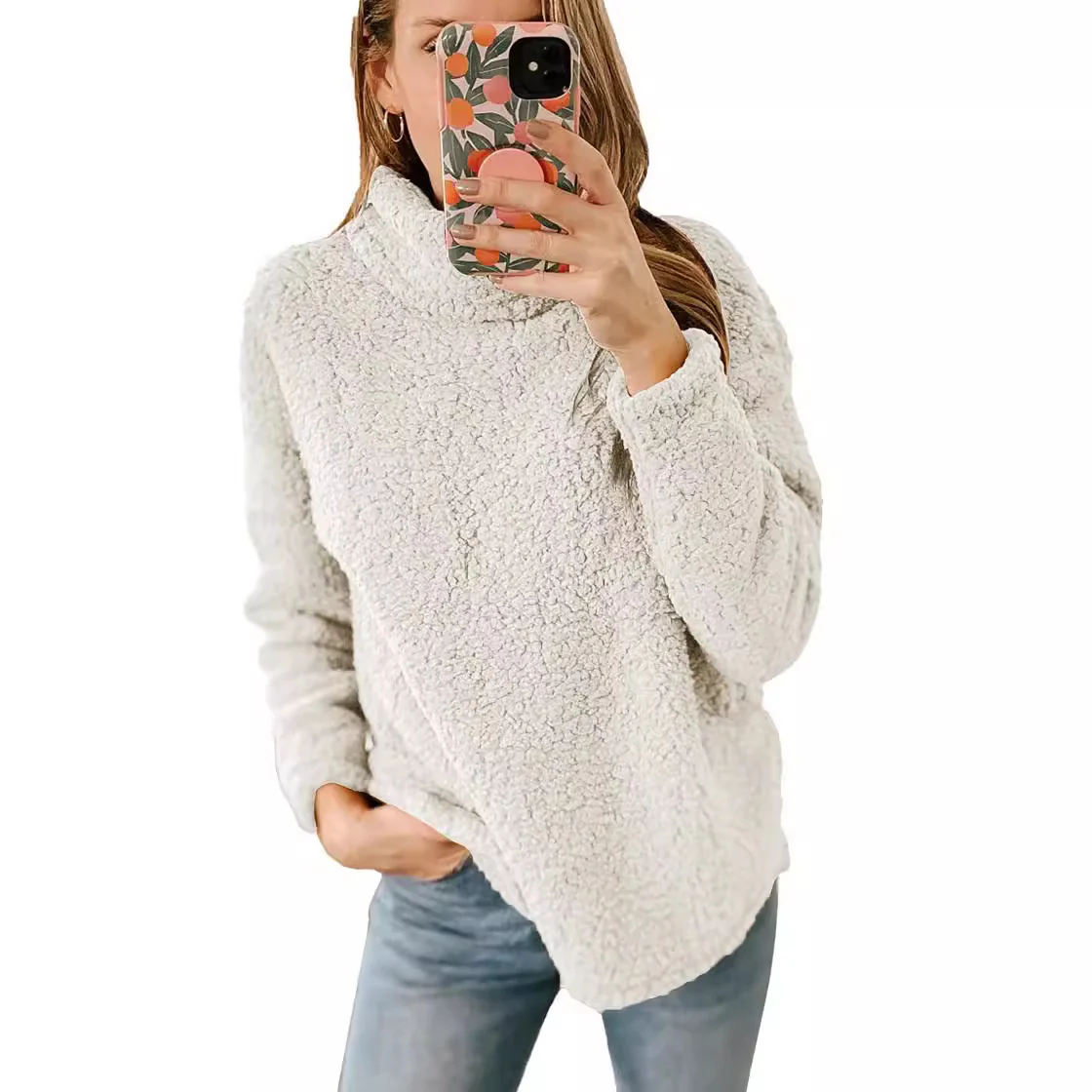 Fur Turtleneck Solid Color Sweatshirt Plush Top