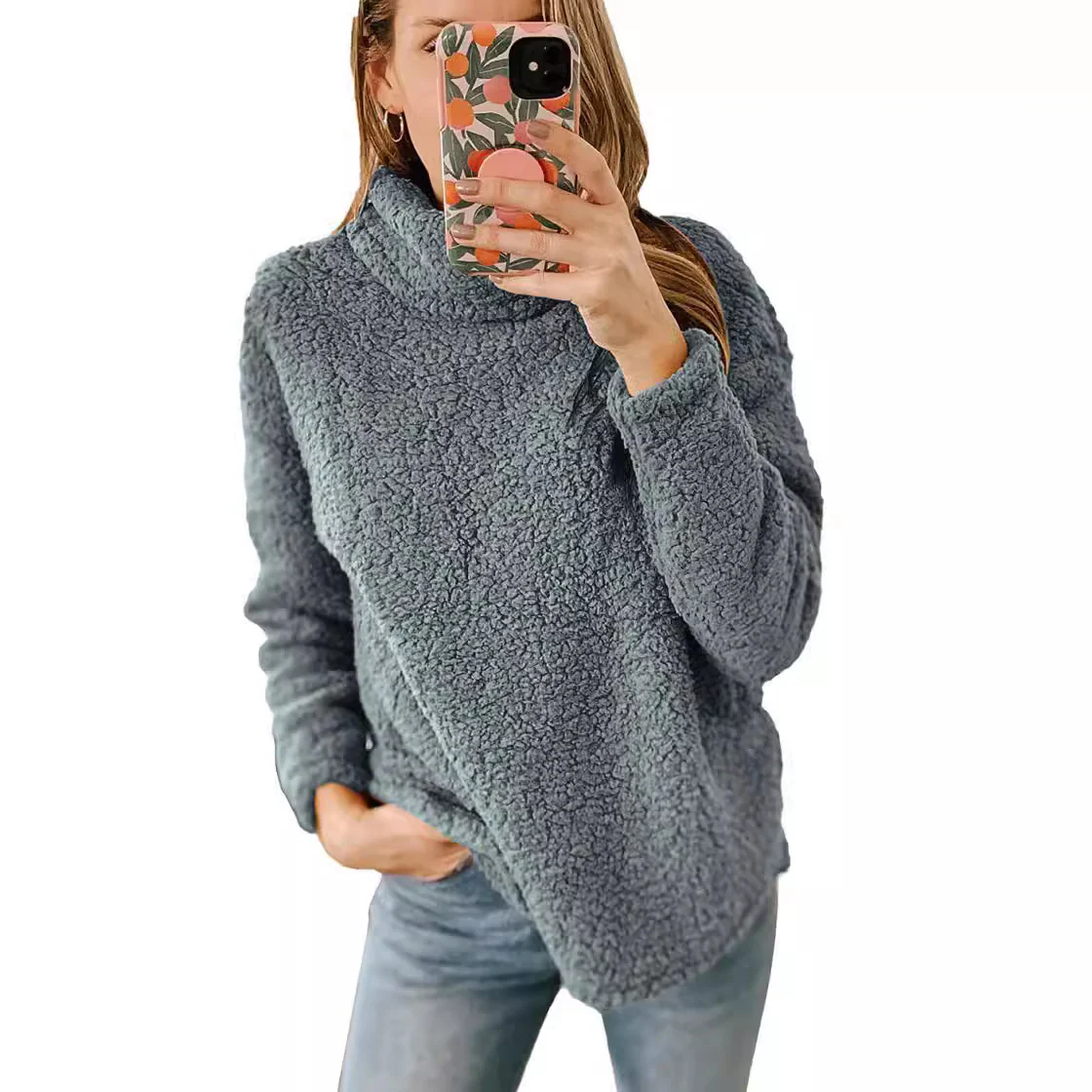 Fur Turtleneck Solid Color Sweatshirt Plush Top