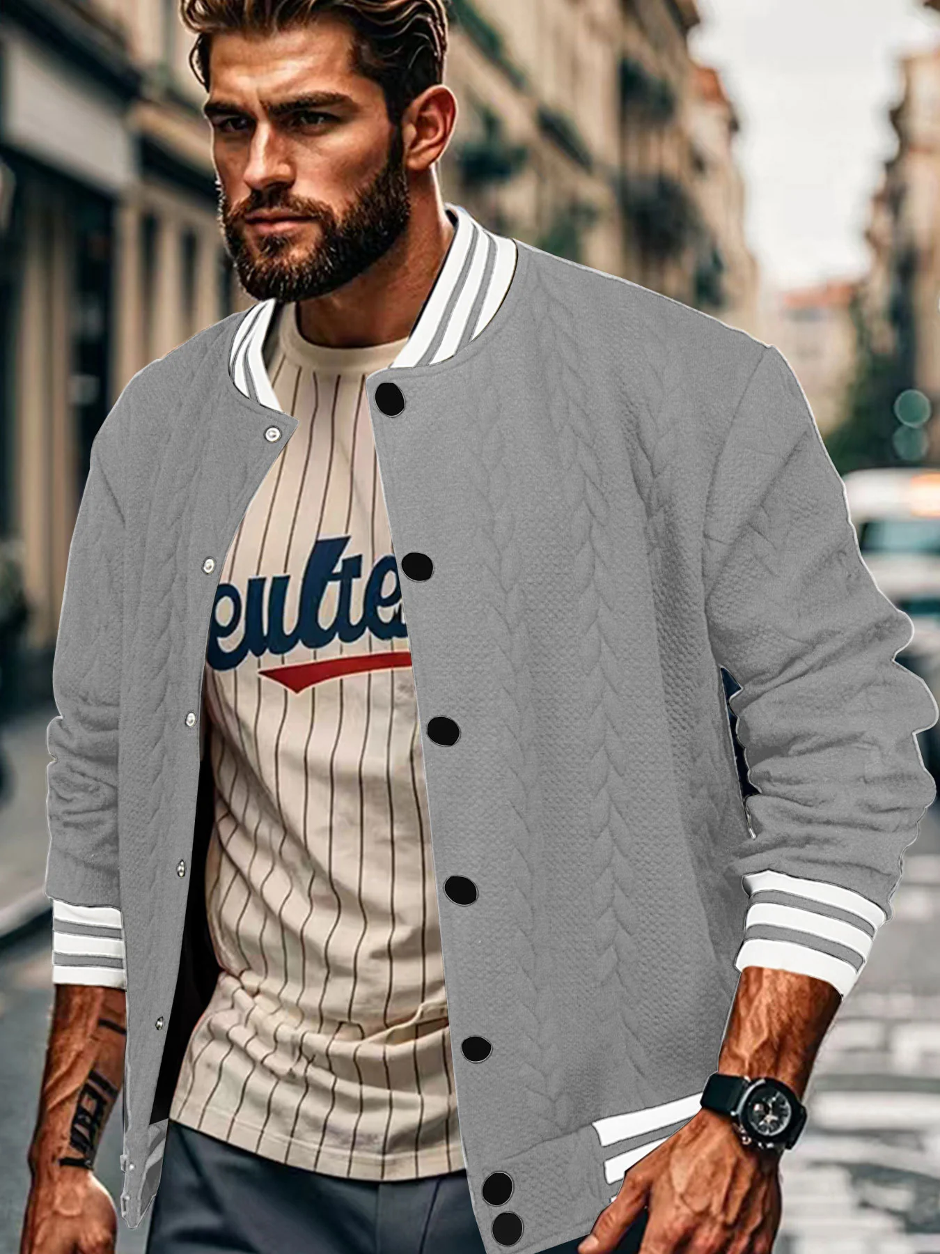 Solid-color men's cardigan baseball suit
