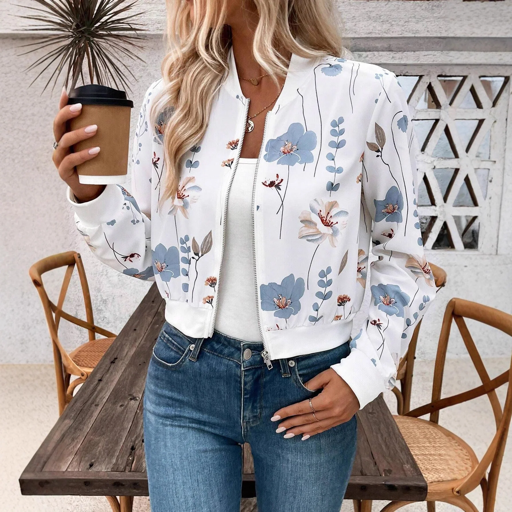 Women'S Zipper Flower Print Long-Sleeved Short Casual Clip
