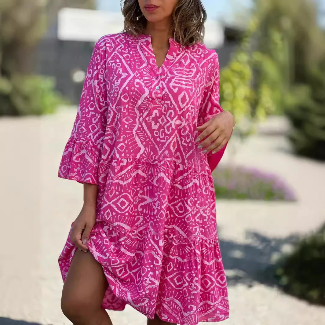 V-Neck Flared Sleeve Romantic Print Splicing Dress For Women